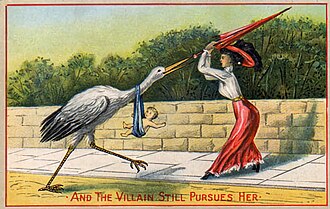 Antique cartoon of woman in Edwardian dress hitting stork carrying a baby with umbrella