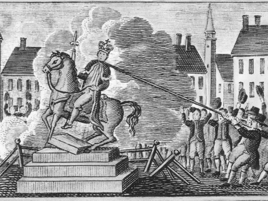 Engraving of patriots pulling down statute of King George III in 1776.